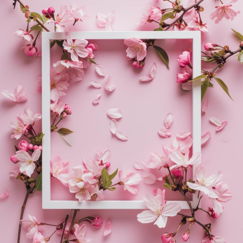 ai gerado branco quadro, Armação com uma quadro, Armação do Rosa flores em uma Rosa fundo foto