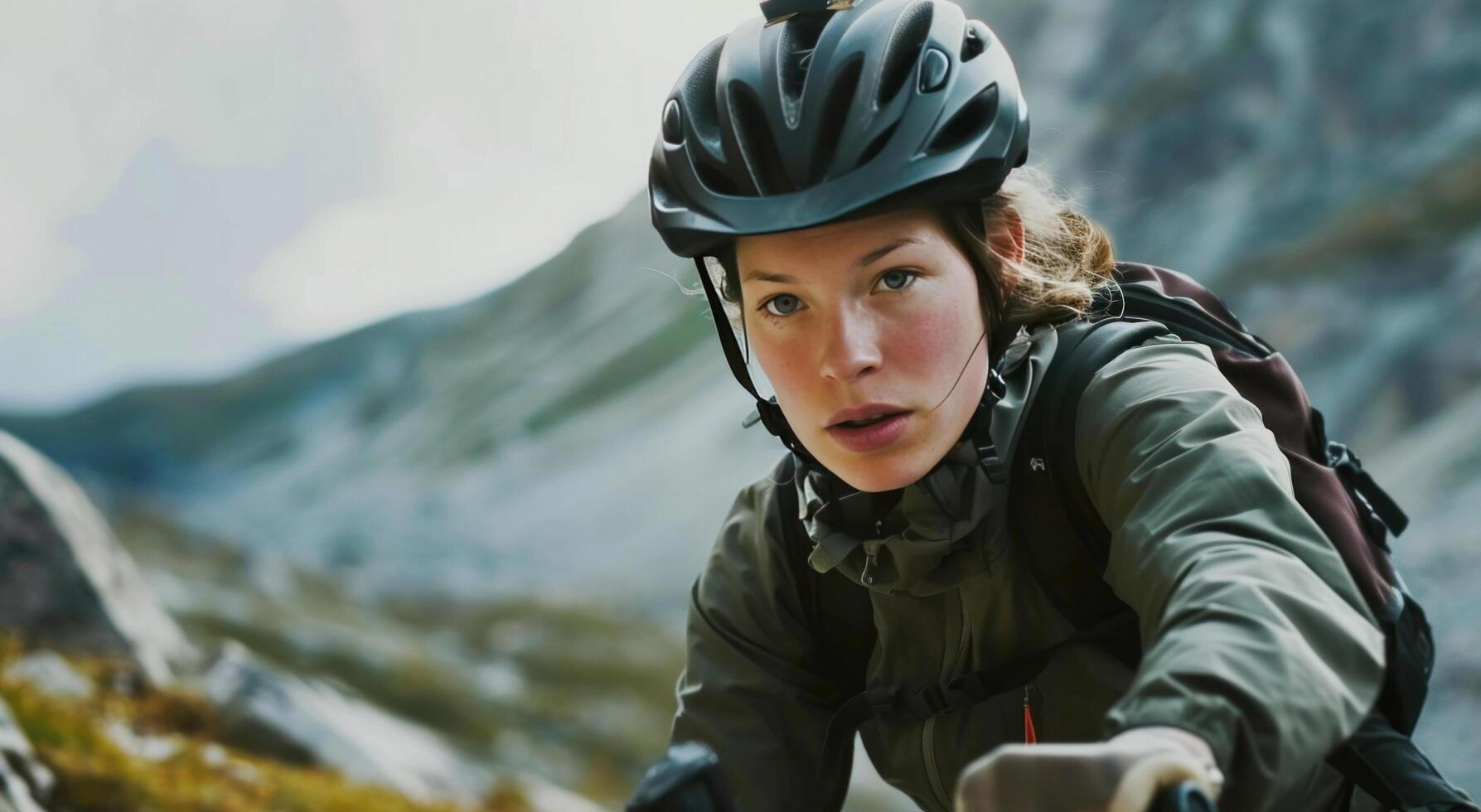 ai gerado uma mulher vestindo uma capacete e equitação dela bicicleta baixa uma montanha foto