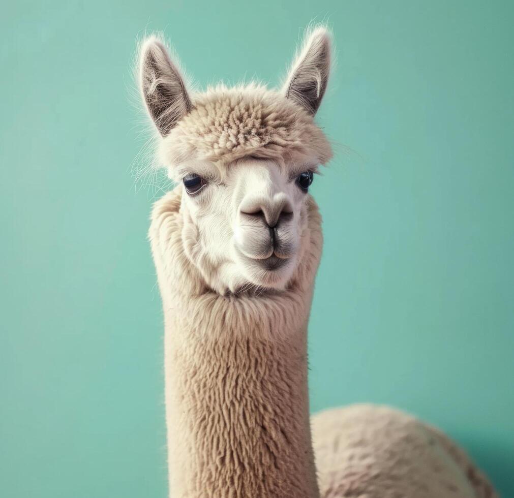 ai gerado uma branco de alpaca face é em pé dentro frente do uma azul fundo foto