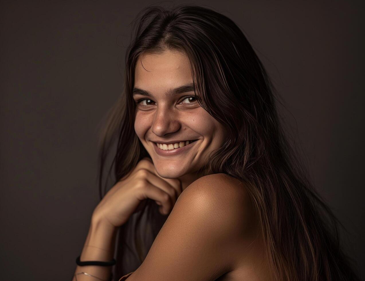 ai gerado uma jovem mulher com grandes cabelo posando enquanto sorridente foto