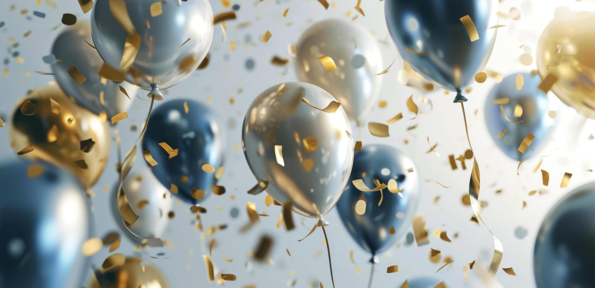 ai gerado azul confete e ouro balões flutuando dentro a ar foto