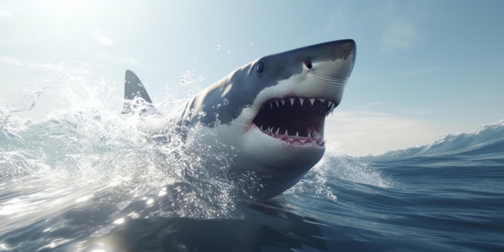 ai gerado a ótimo branco Tubarão é natação debaixo oceano onda foto