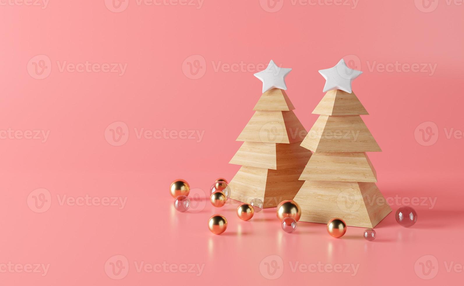 árvores de natal com blocos de madeira e esferas douradas foto