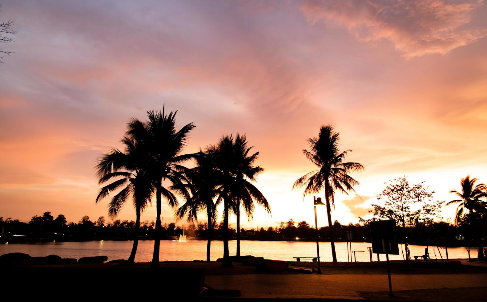 pôr do sol no lago com uma linda luz laranja foto