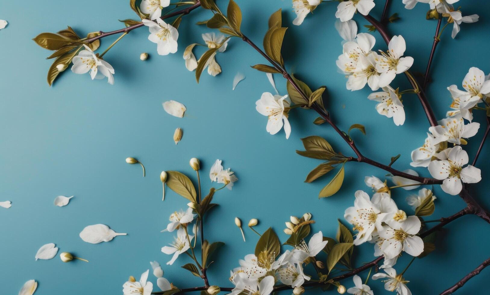 ai gerado alguns branco flores em uma azul fundo com alguns folhas foto