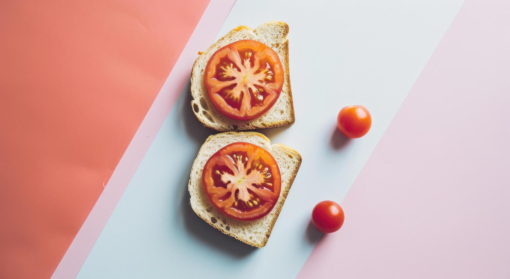 ai gerado uma saudável Comida brincar com uma fatia do pão, tomates e mostarda foto