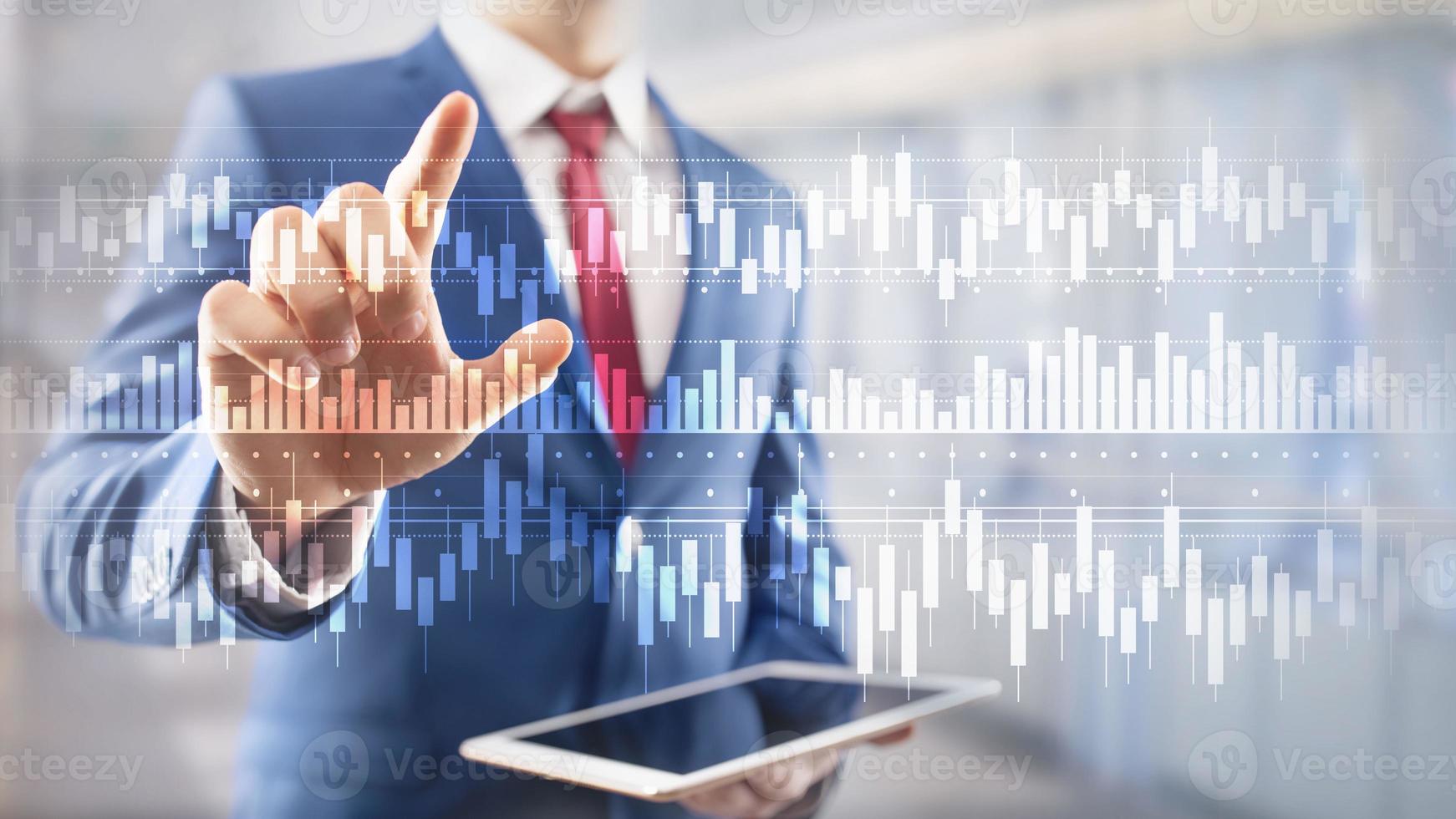 velas gráfico diagrama gráfico estoque negociação investimento negócio finanças conceito mídia mista tela virtual de dupla exposição. foto