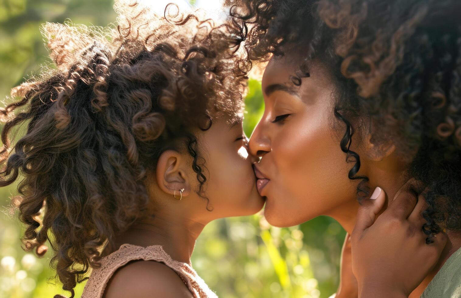 ai gerado a afro-americano mãe com uma jovem menina se beijando dela foto