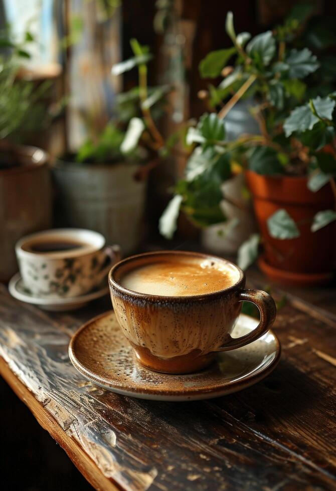 ai gerado a imagem do uma quente café em uma mesa foto