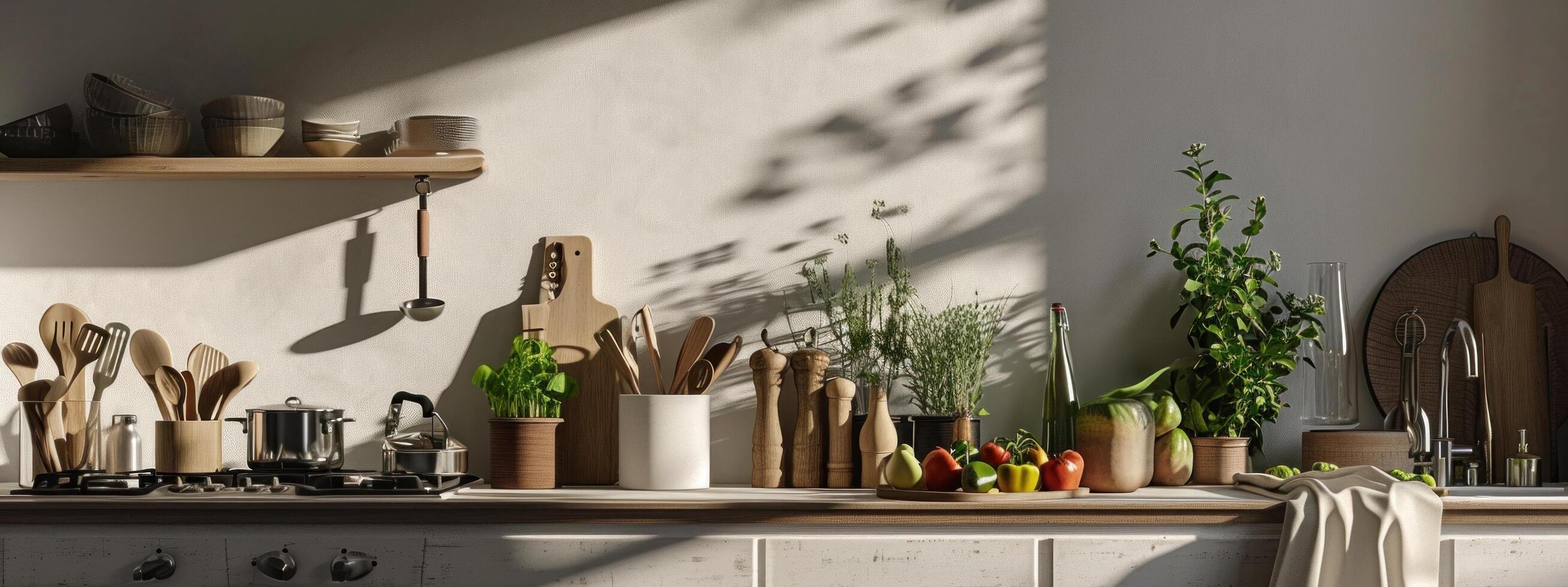 ai gerado uma cozinha com grande quantidade do legumes e de madeira talheres foto