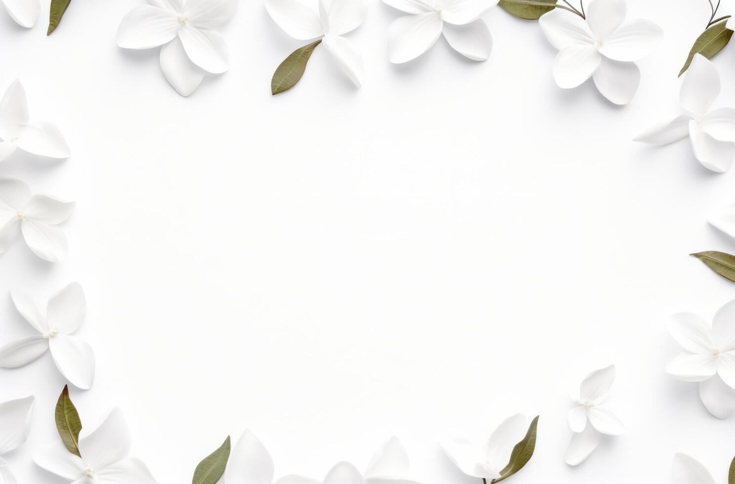 ai gerado branco folhas e flores em uma branco fundo foto