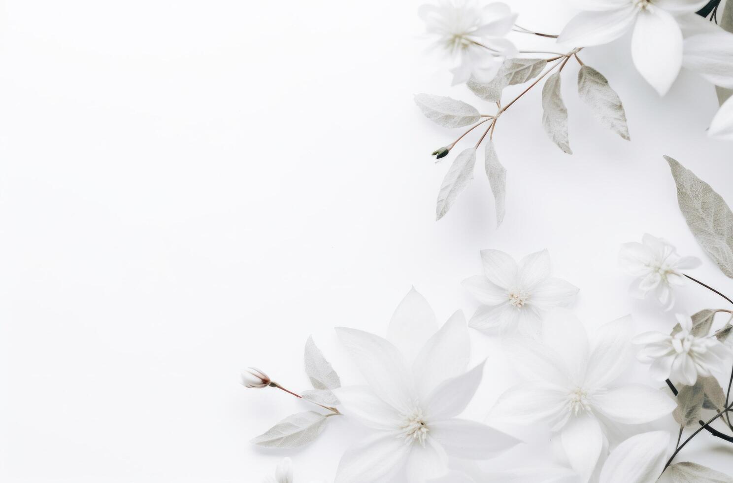 ai gerado branco folhas e flores em uma branco fundo foto