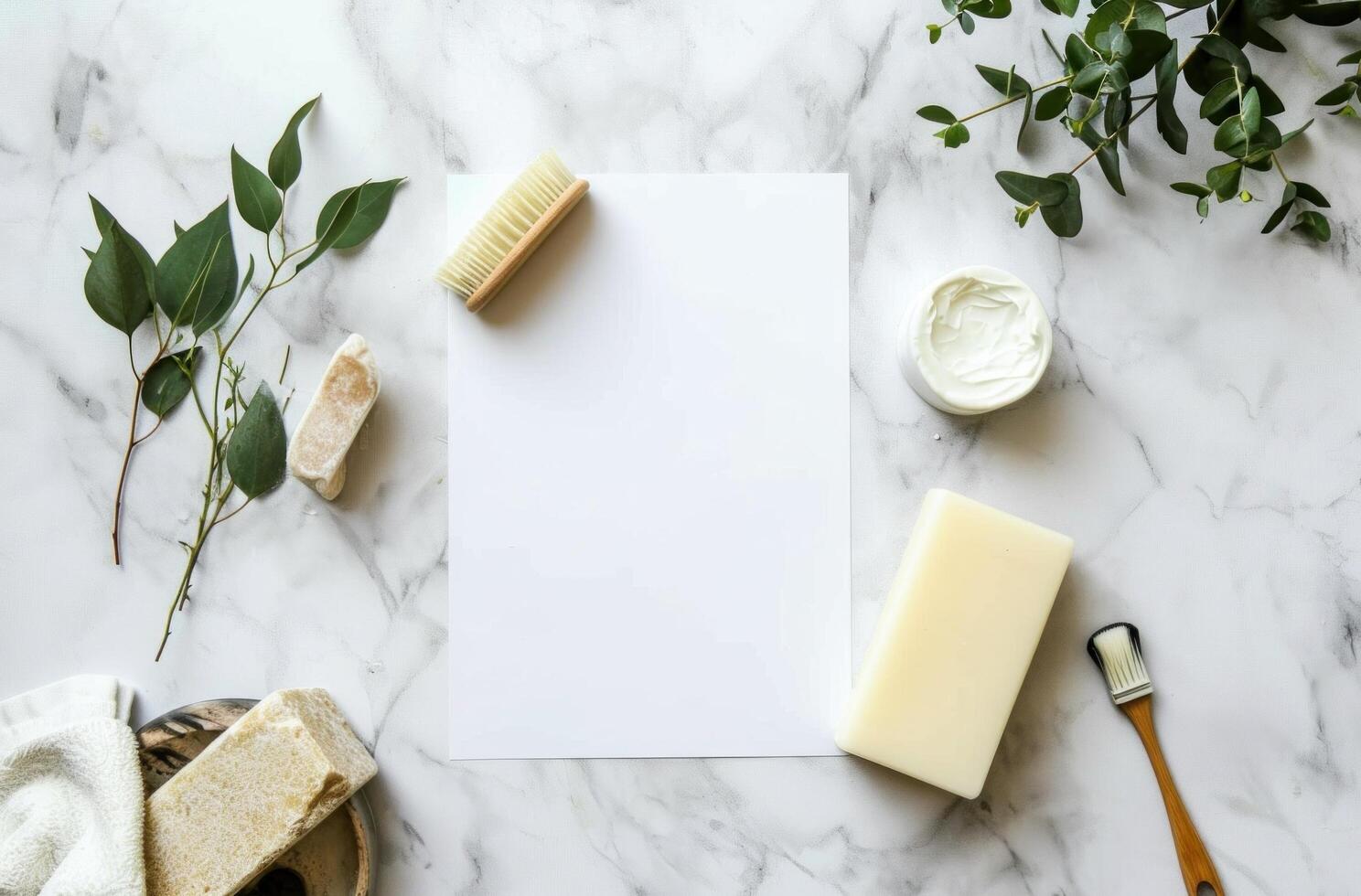 ai gerado branco Folha do papel em a mesa com sabonetes e escovas foto