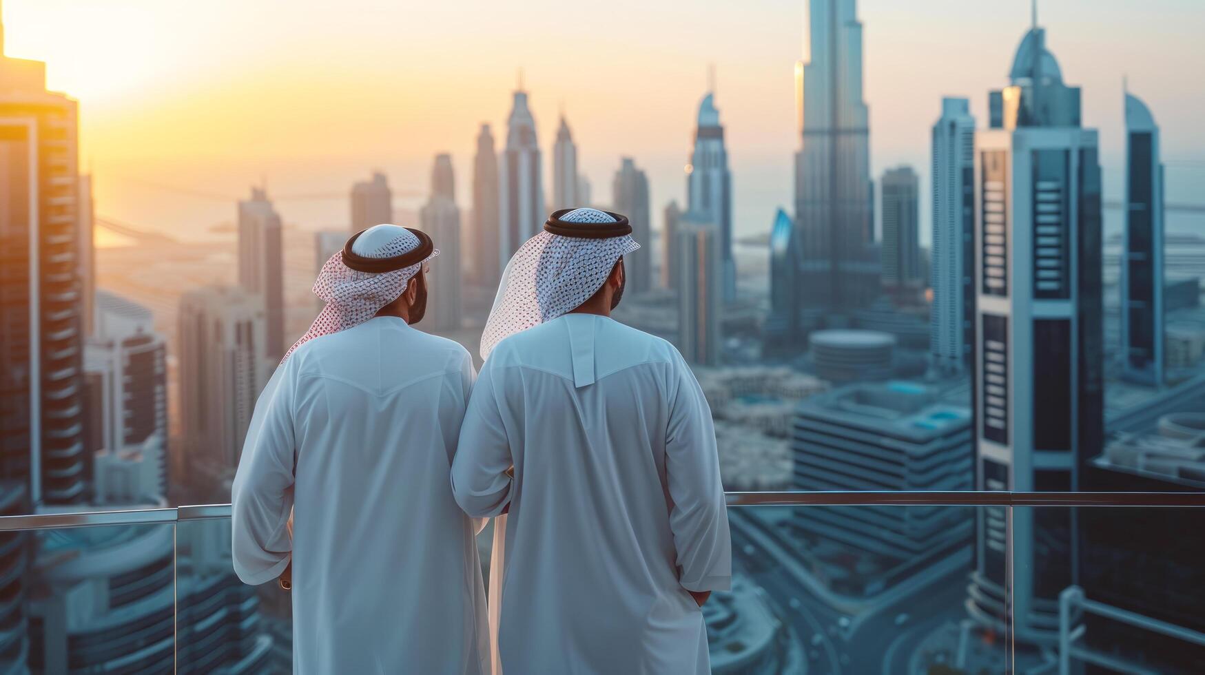 ai gerado bonito árabe homens olhando às dubai a partir de uma arranha-céu foto