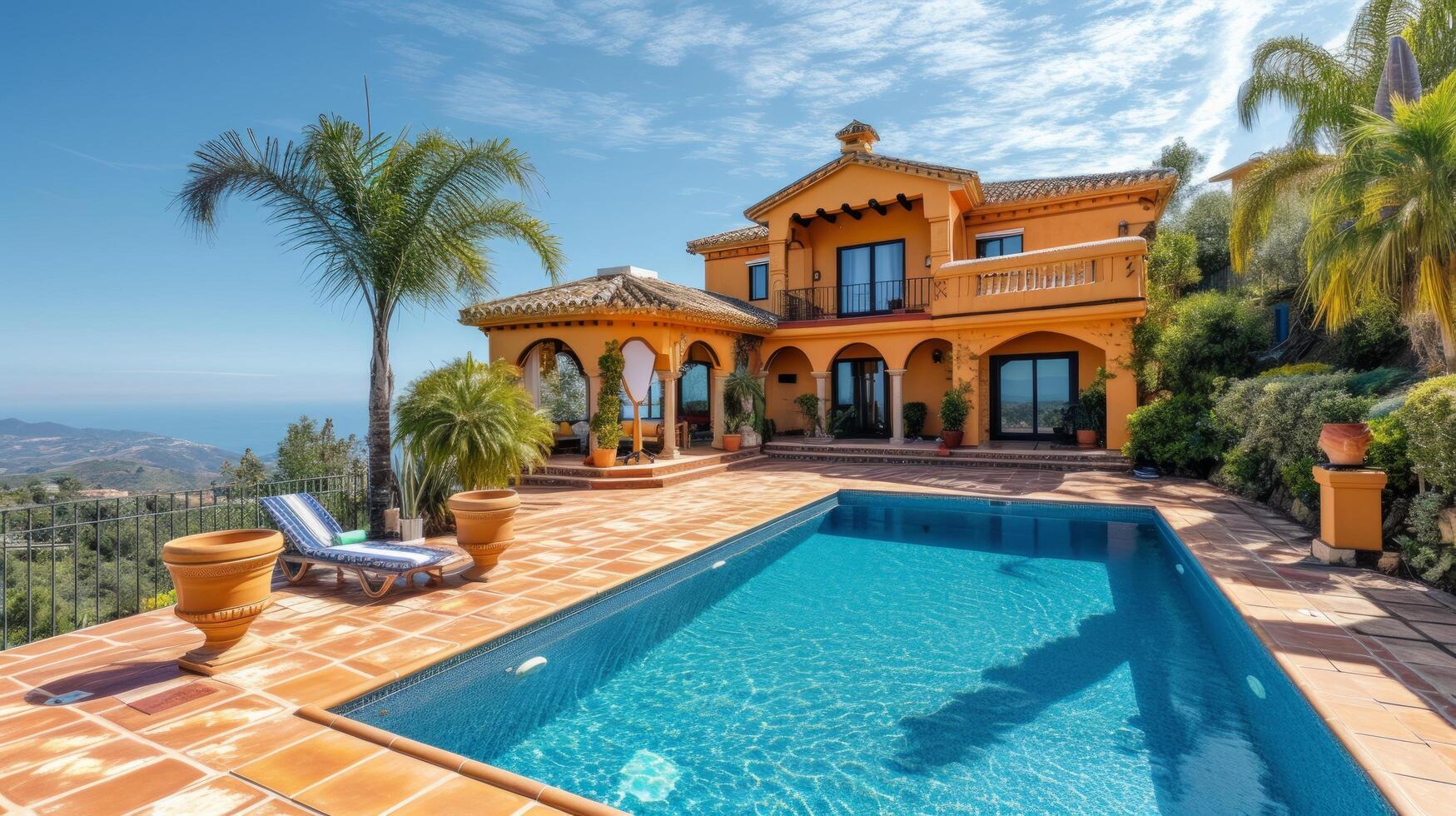 ai gerado lindo espanhol villa com piscina e Visualizações do a Mediterrâneo mar foto