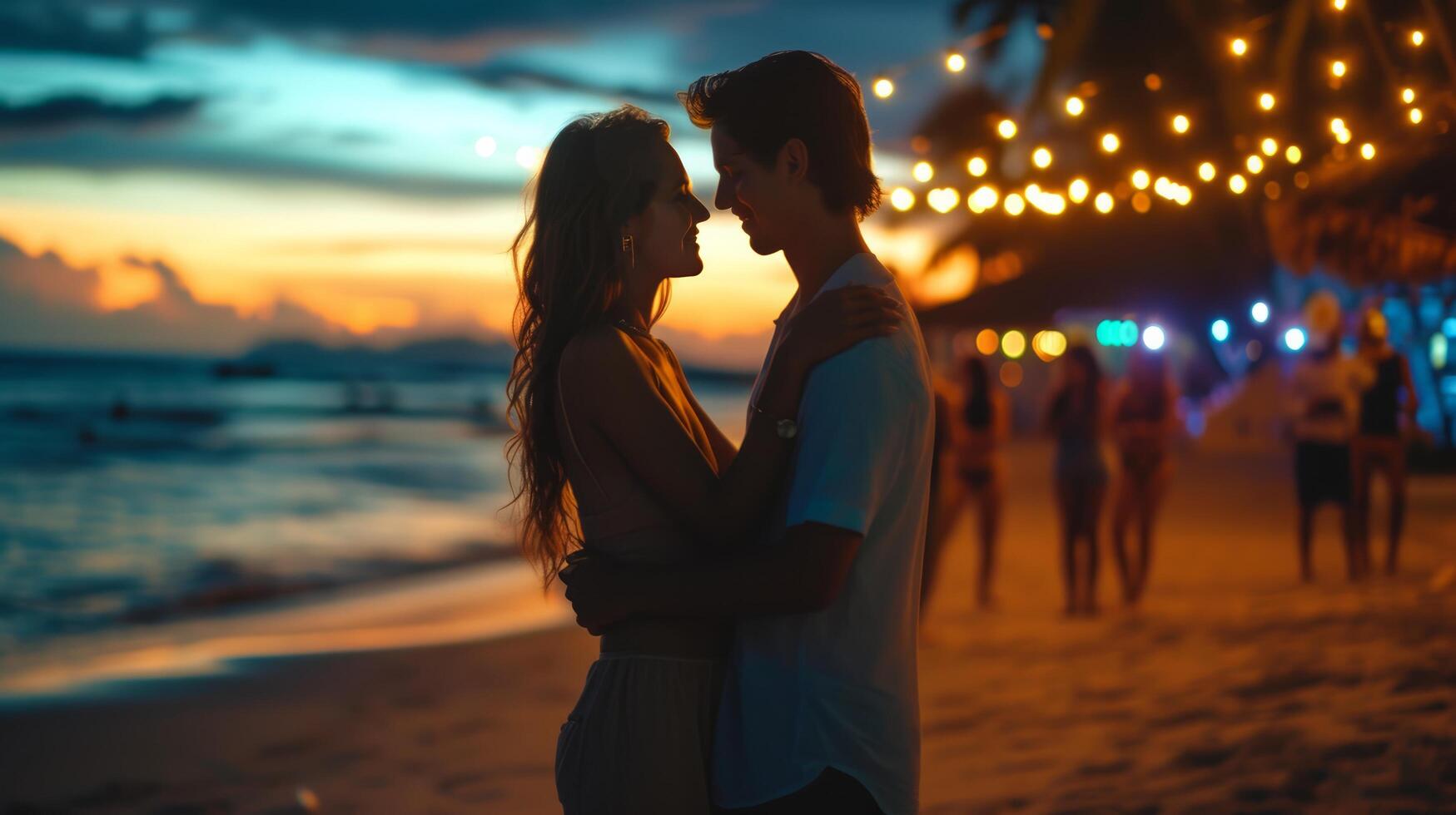 ai gerado lindo jovem casal dançando às noite música festa em a de praia foto