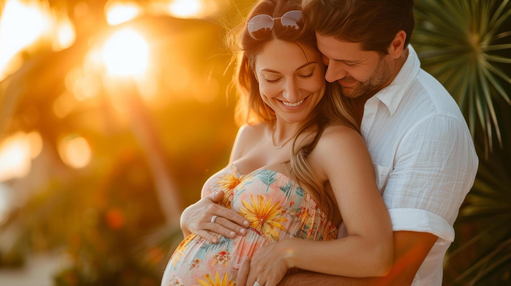 ai gerado uma homem abraços dele grávida lindo esposa a partir de atrás dentro uma brilhante vestido de verão foto