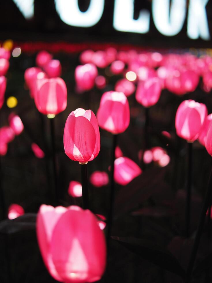mão fez tulipa e elétrico luz lâmpada criar para voou luz flores comemoro cidade foto