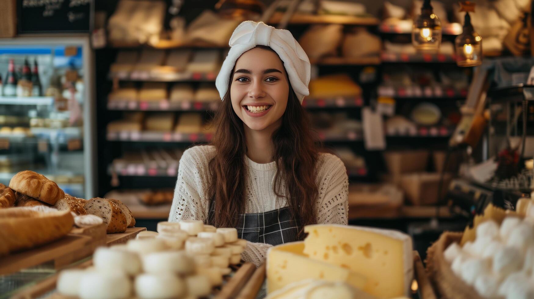 ai gerado agradável jovem vendedora oferta queijo enquanto em pé atrás loja contadores foto