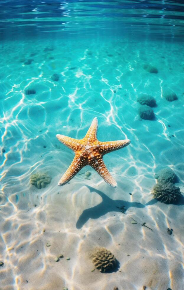 ai gerado estrelas do mar dentro uma Claro turquesa mar este é cercado foto