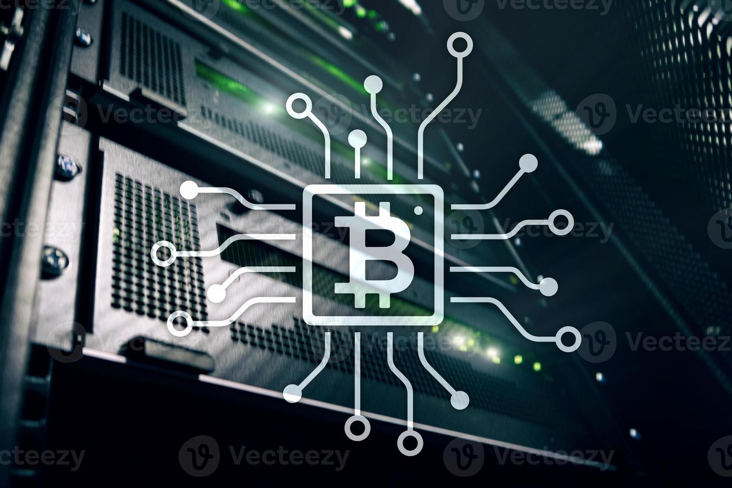 bitcoin, conceito de blockchain no fundo da sala do servidor. foto