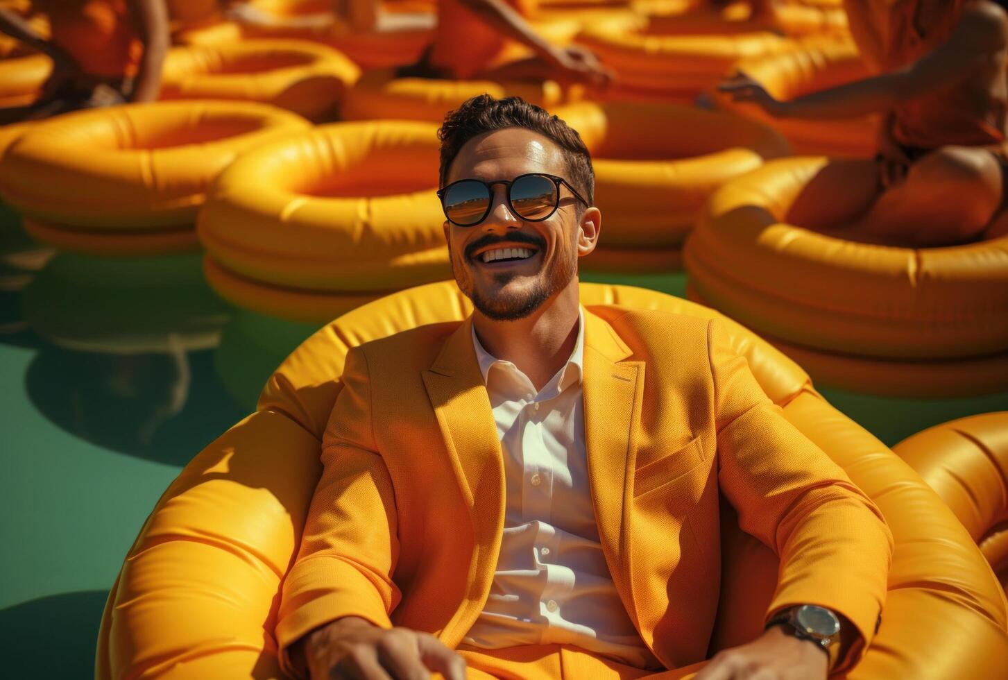 ai gerado relaxado masculino personagem apontando através uma amarelo vida anel de praia foto