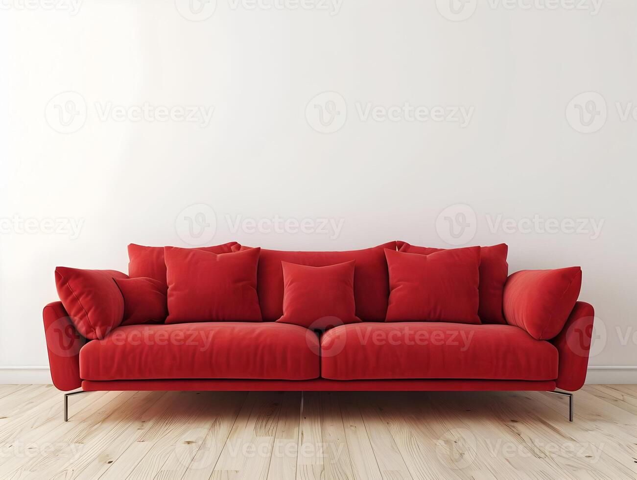 ai gerado moderno grande vermelho sofá para vivo quarto em uma limpar \ limpo brilhante branco parede fundo e de madeira chão. alta resolução. ai generativo foto