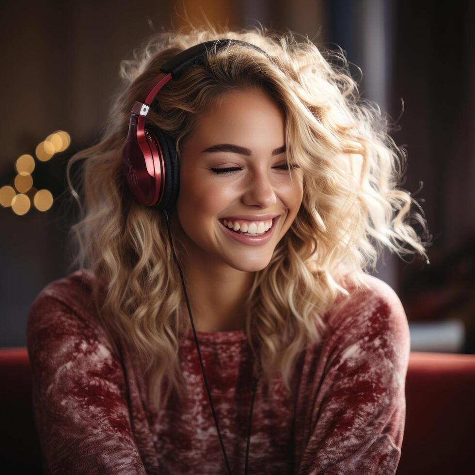 ai gerado mulher dentro Natal suéter ouvindo para música com fones de ouvido, foto