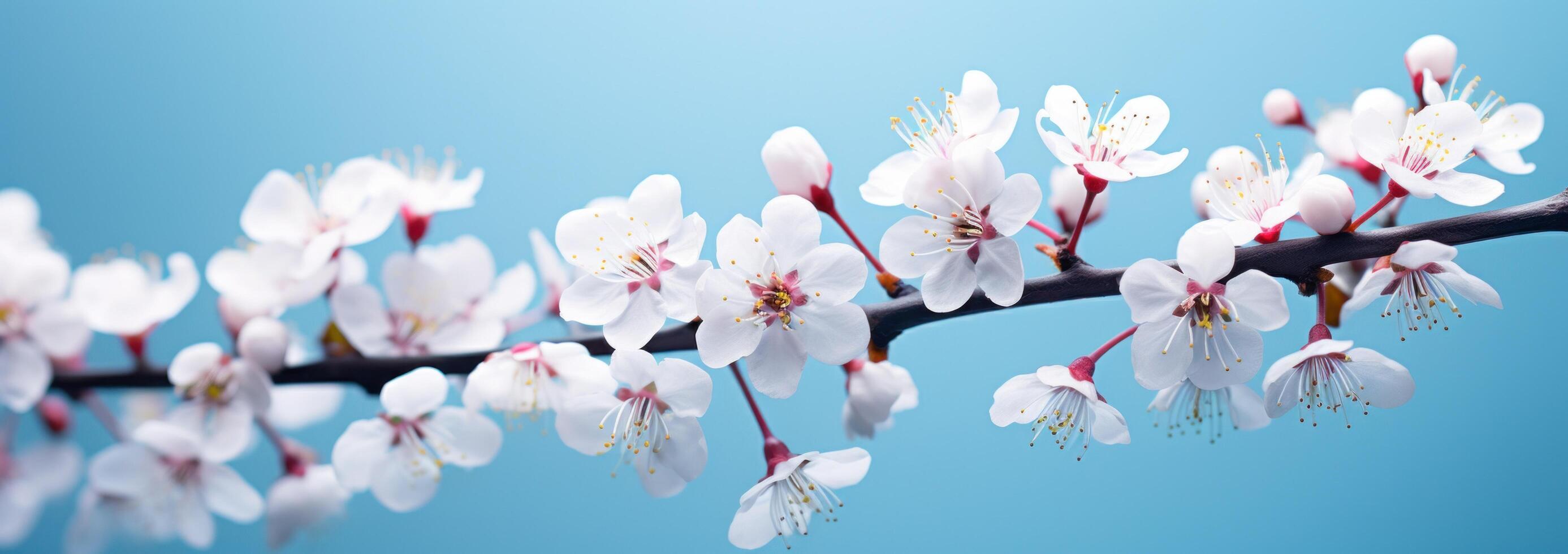 ai gerado branco sakura flores com azul fundo, papel de parede foto