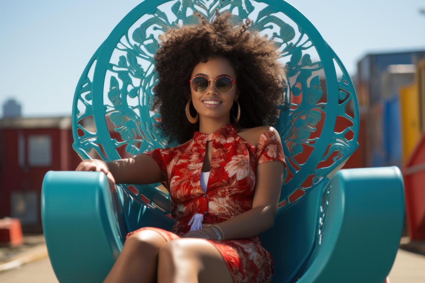 ai gerado jovem mulher sentado dentro uma de praia cadeira, dentro a estilo do afro-caribenho influência, foto