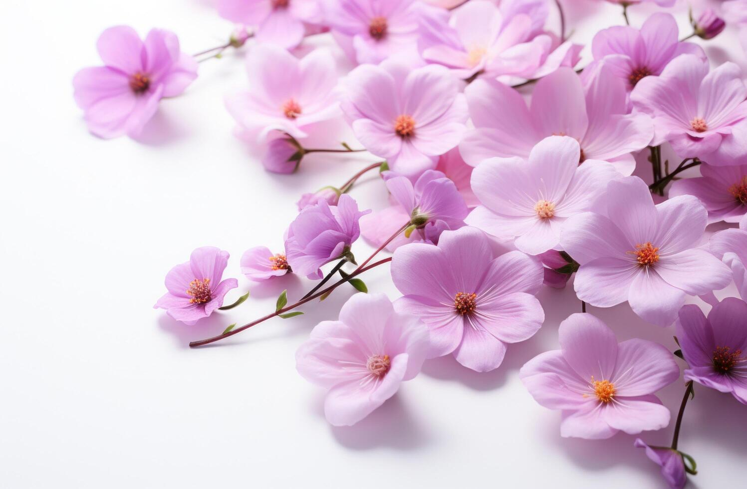 ai gerado esses roxa flores estão deitado em topo do uma branco fundo foto