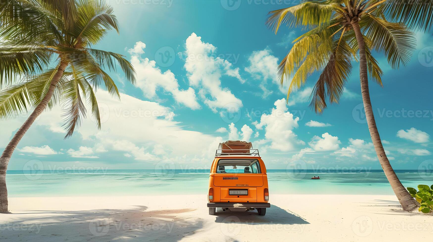 ai gerado laranja minivan em a de praia. período de férias ensolarado foto com nuvens dentro a céu. alta resolução. ai generativo