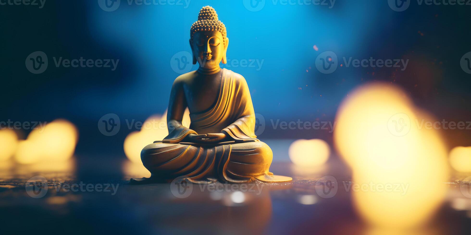 ai gerado Buda dentro uma lótus posição pequeno estátua dentro Sombrio religioso pensativo meio Ambiente com bokeh, neural rede gerado imagem foto