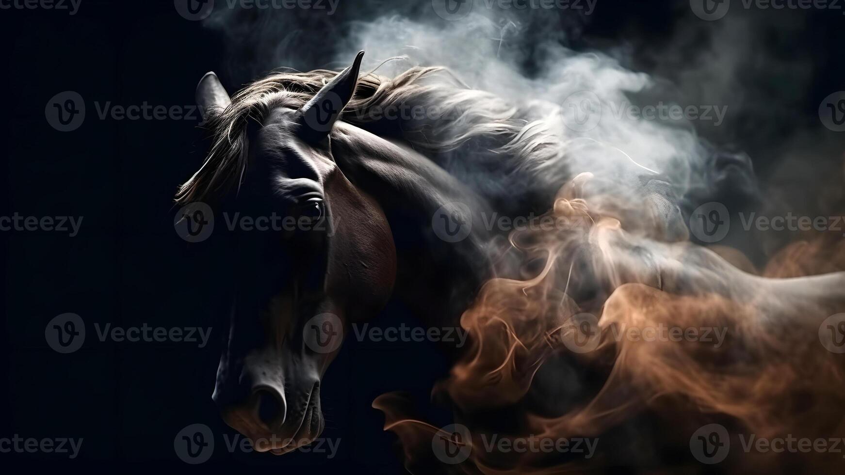 ai gerado artisticamente aceso cavalo cabeça com fumaça e vapores em Preto fundo, neural rede gerado imagem foto