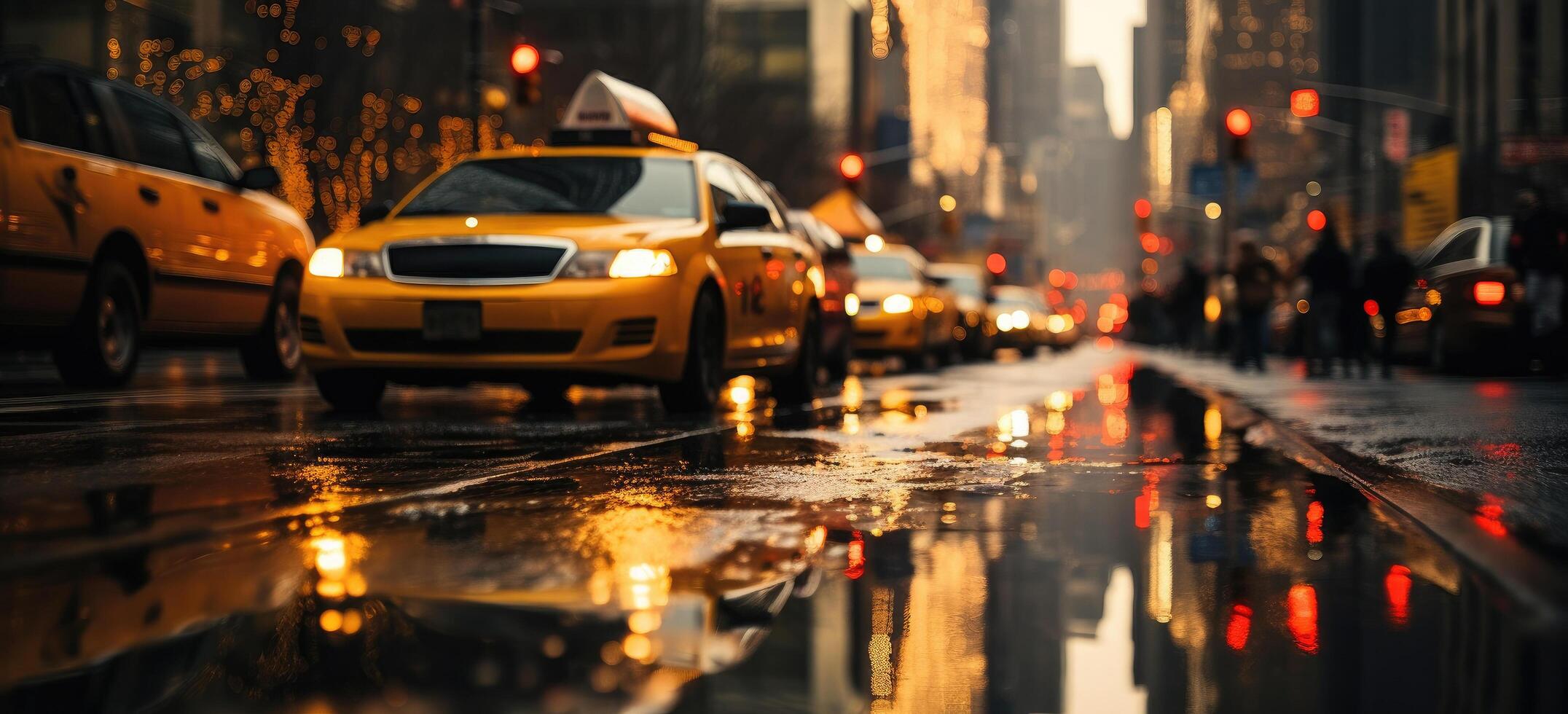 ai gerado uma cidade este é preenchidas com Táxis em uma chuvoso dia foto