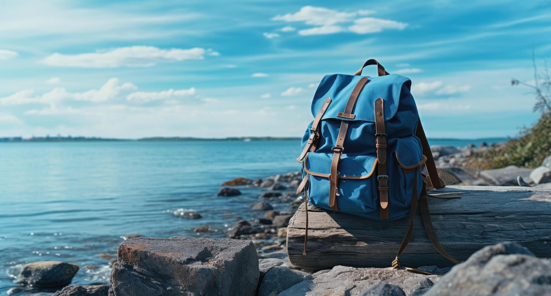 ai gerado uma ampla azul mochila senta perto a água foto