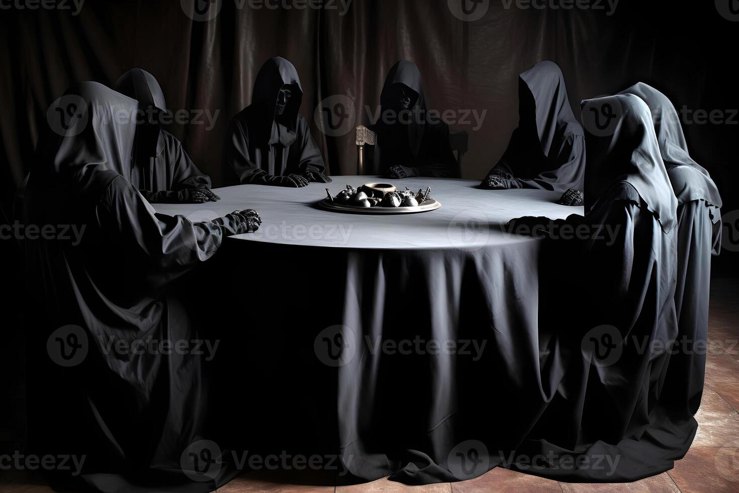 ai gerado segredo sociedade às uma volta mesa sentado dentro grandes Preto vestes com capuzes e máscaras, neural rede gerado imagem foto