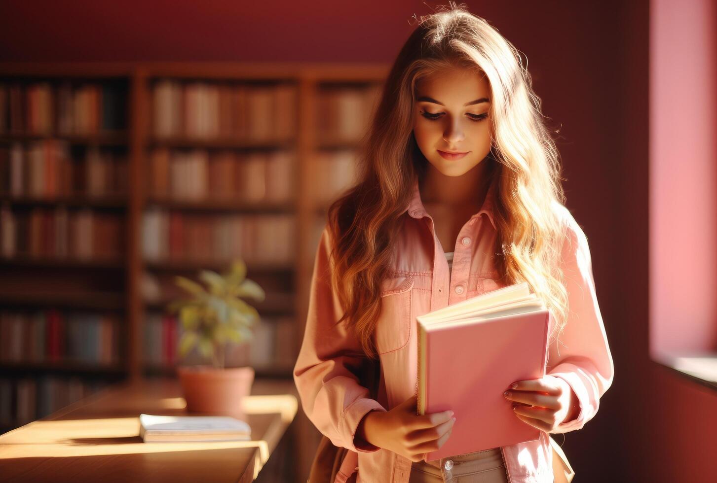 ai gerado uma menina segurando uma mochila e dela livros Faculdade foto