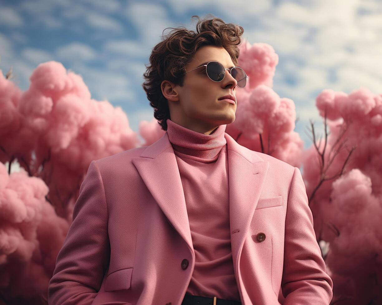 ai gerado uma homem vestindo de grandes dimensões blazer e Preto oculos de sol, enquanto vestindo uma Rosa Jaqueta e jeans foto