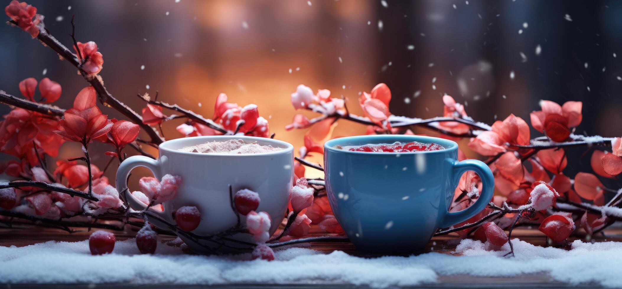 ai gerado a imagem com café copos do uma inverno estação foto