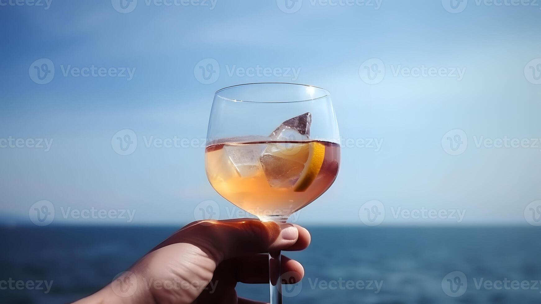 ai gerado caucasiano mão segurando vidro do vermelho fruta coquetel em embaçado mar horizonte fundo às ensolarado dia, neural rede gerado imagem foto