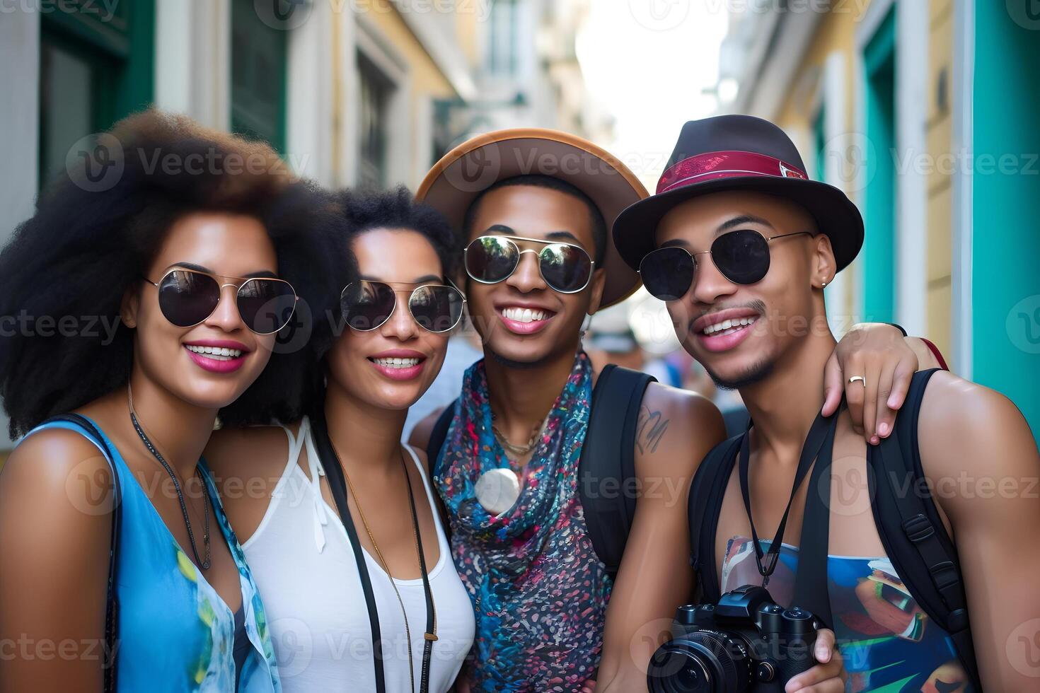 ai gerado sorridente africano americano turistas, fechar grupo retrato, neural rede gerado foto