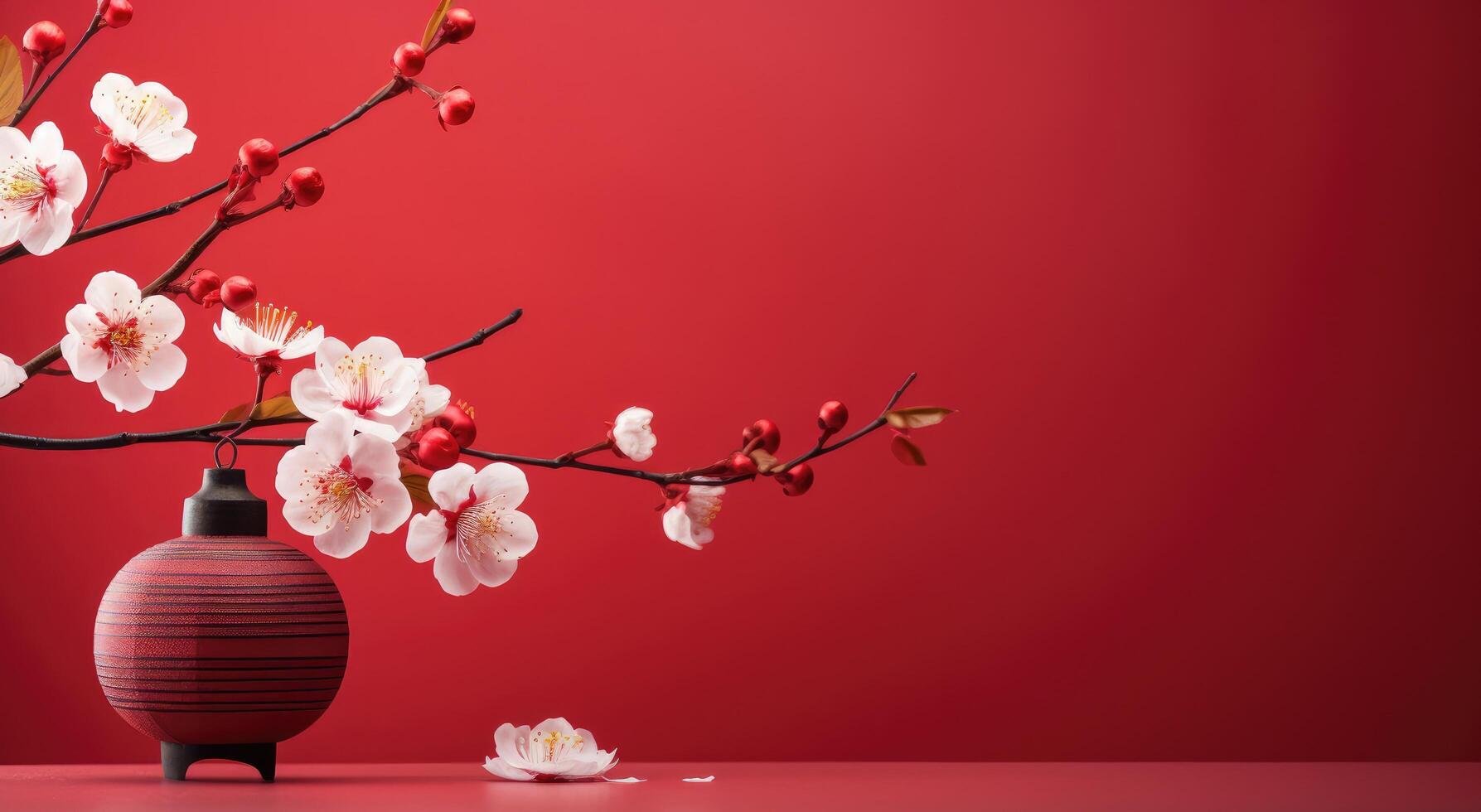 ai gerado chinês lanterna dentro flor contra vermelho fundo foto