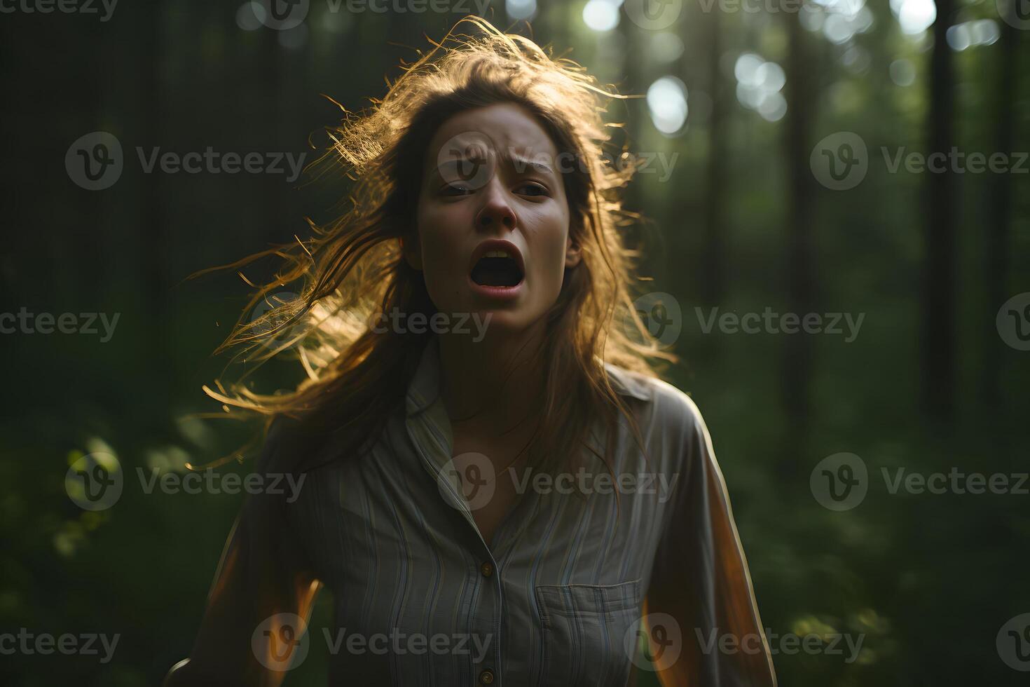 ai gerado grandes cabelos caucasiano mulher perdido dentro verão floresta às dia, neural rede gerado fotorrealista imagem foto