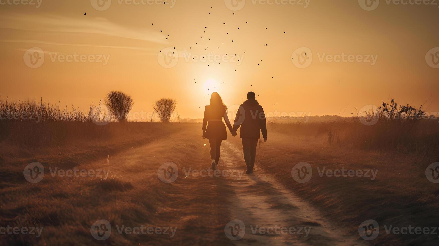 ai gerado uma heterossexual humano casal silhuetas segurando mãos e caminhando para alvorecer às verão campo, neural rede gerado fotorrealista imagem foto