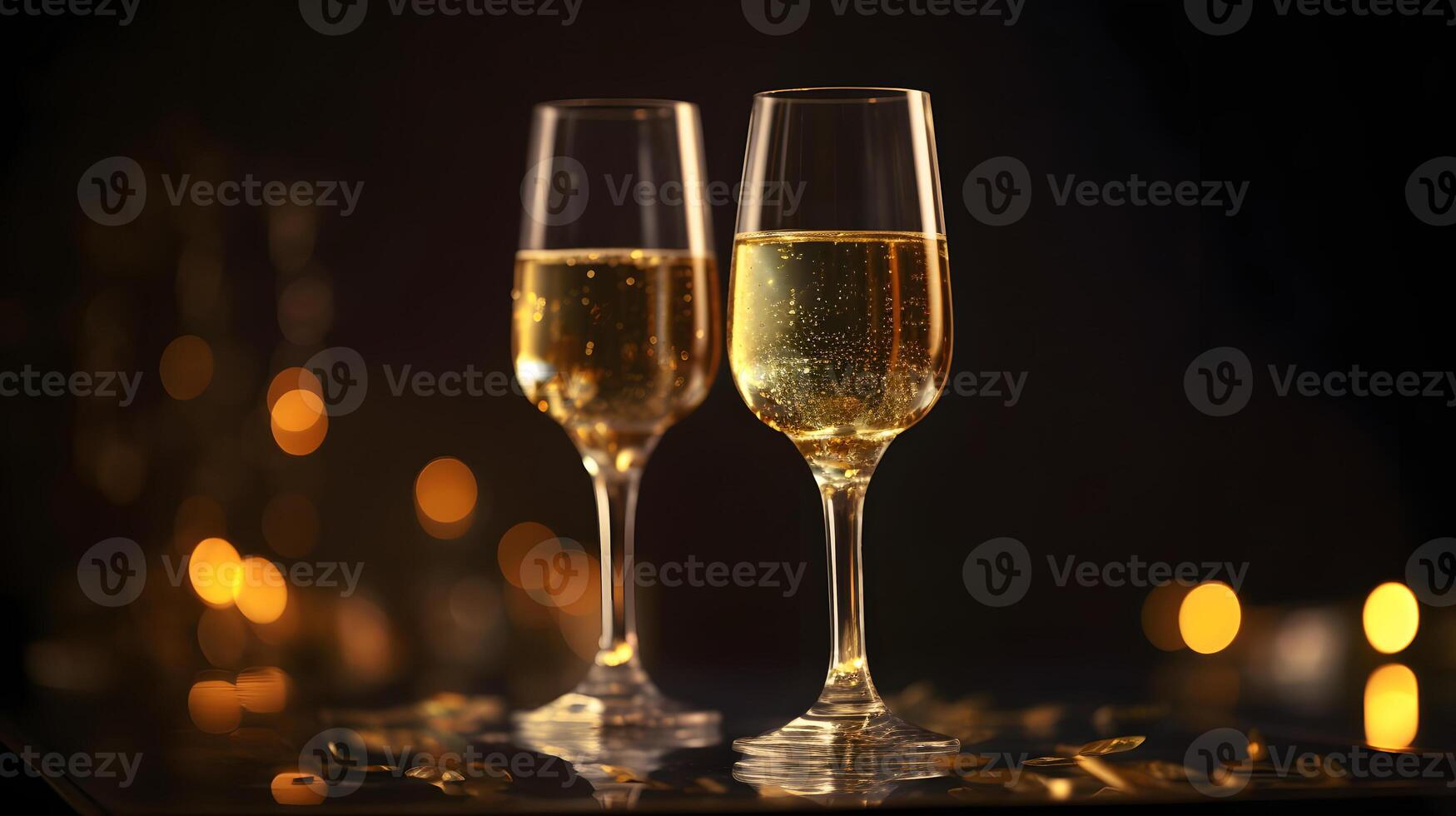 ai gerado dois óculos do champanhe em mesa dentro Sombrio ambiente, neural rede gerado fotorrealista imagem foto