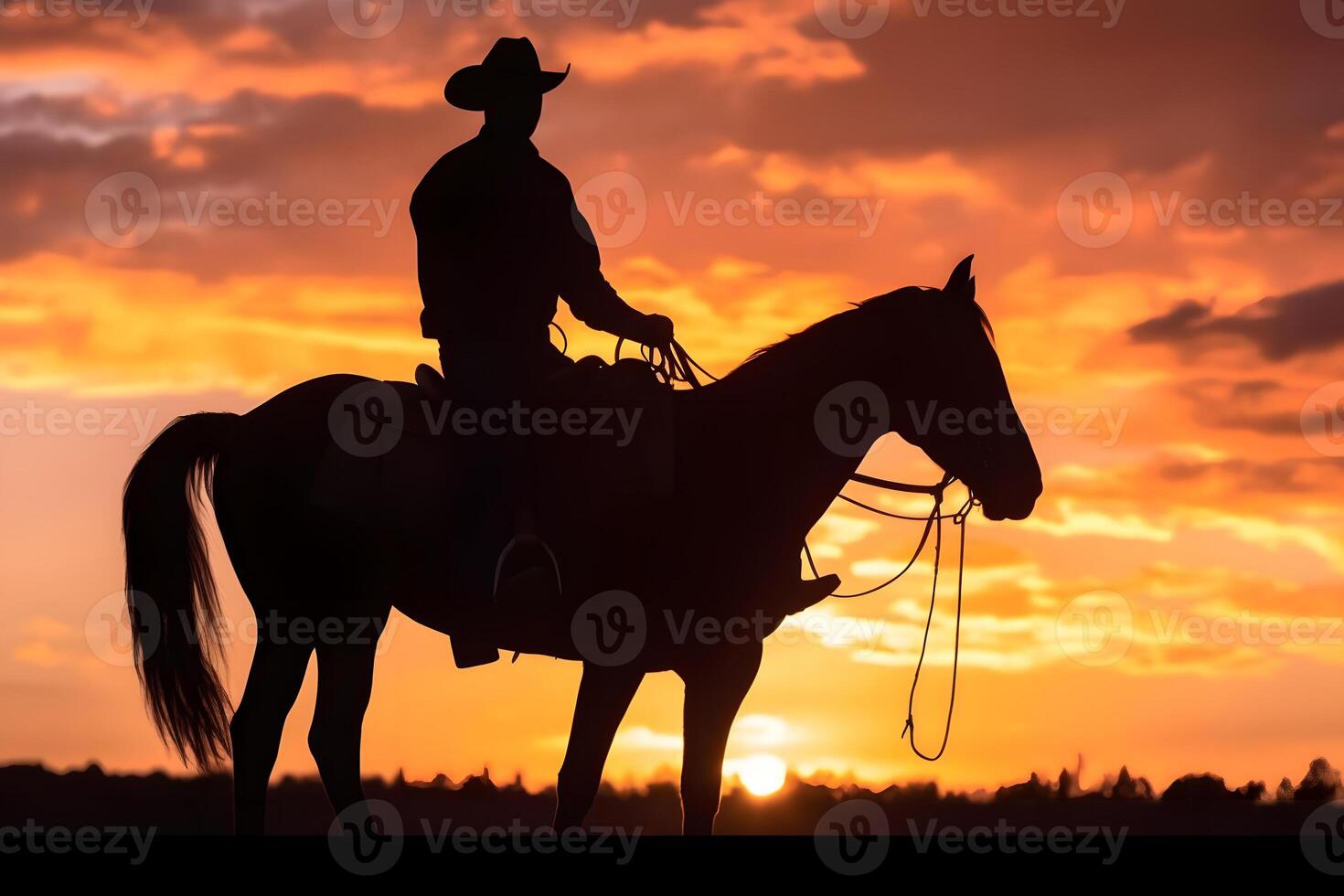 ai gerado silhueta do uma vaqueiro em uma cavalo às pôr do sol, neural rede gerado fotorrealista imagem foto