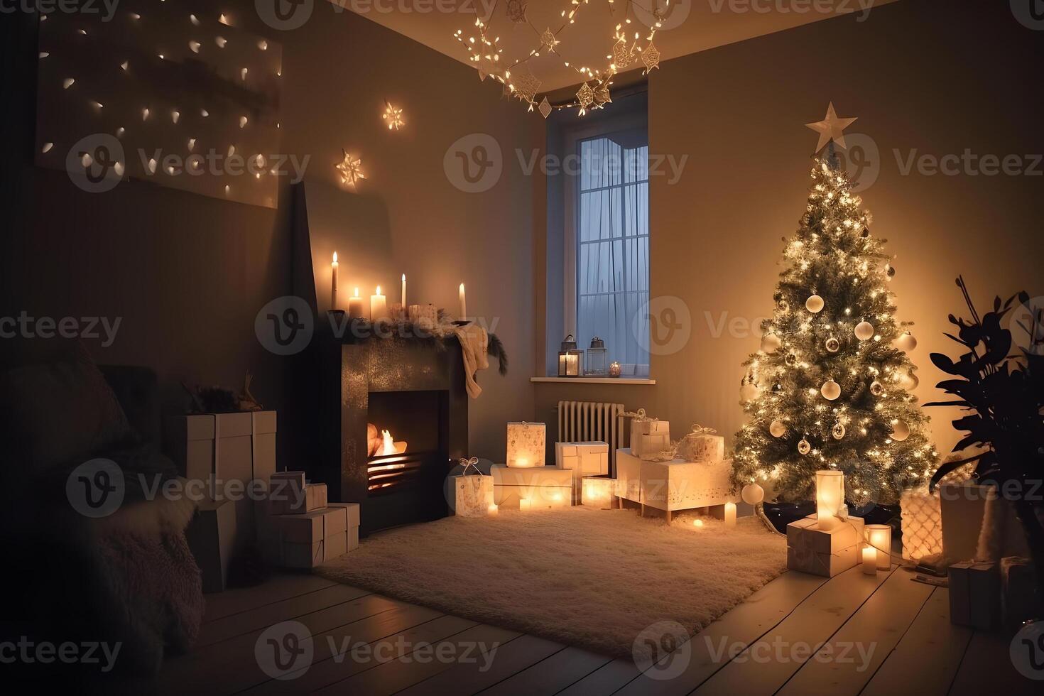 ai gerado Novo ano interior decoração com velas e guirlandas, neural rede gerado fotorrealista imagem foto