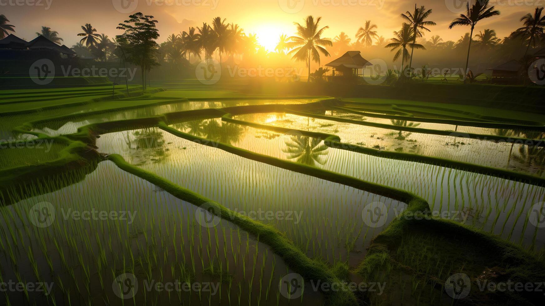 ai gerado Campos de arroz com intenso luz verde cor dentro a nascer do sol, neural rede gerado fotorrealista imagem foto