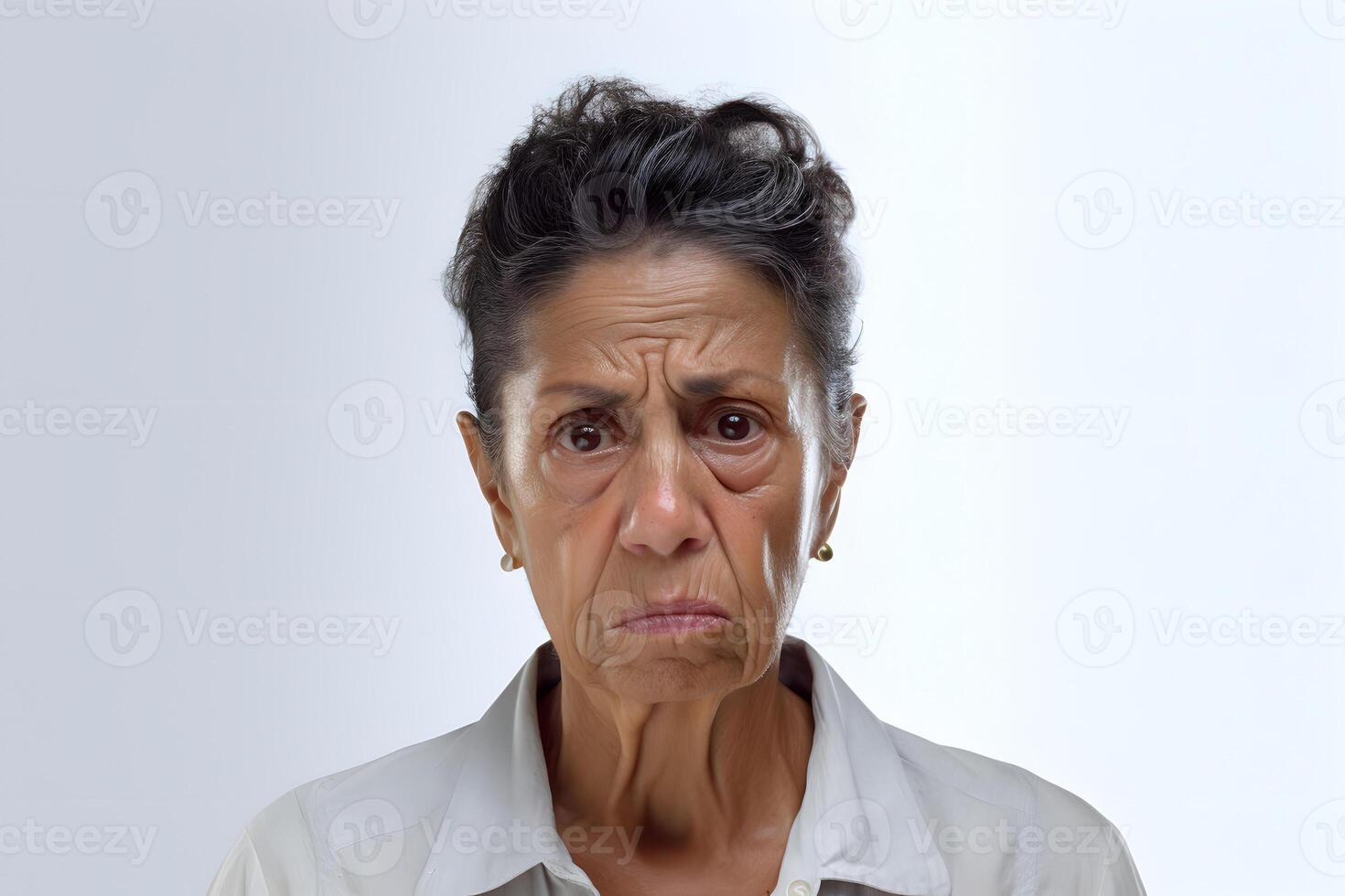 ai gerado triste chorando Senior latim americano mulher retrato em branco fundo. neural rede gerado fotorrealista imagem foto